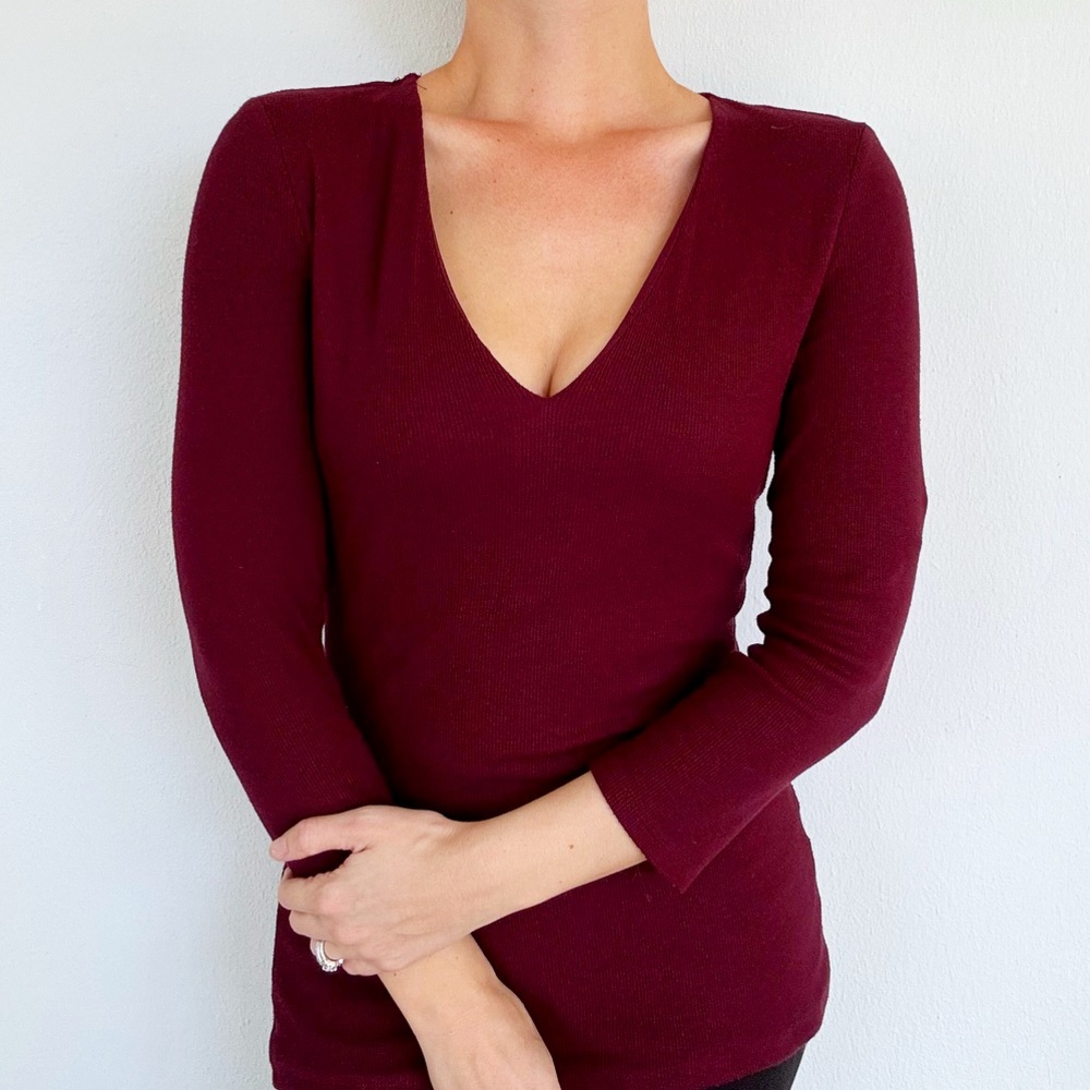 INC International Concepts maroon ribbed v-neck 3/4 sleeve top size large